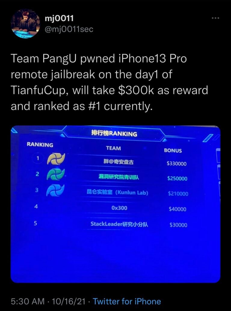 El equipo de Pangu supuestamente hace jailbreak al iPhone 13 Pro de forma remota en TianfuCup 2021